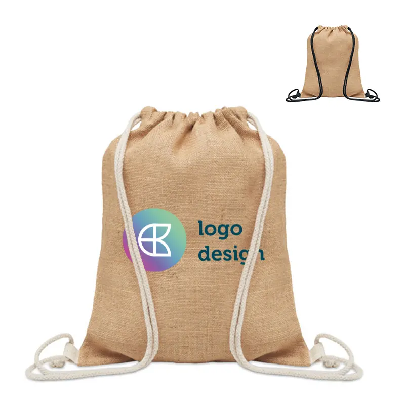 Jute-Rucksack mit Kordelzug und beiger oder schwarzer Kordel
