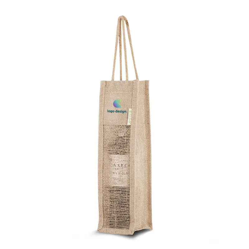 Jute-Weinbeutel für eine Weinflasche mit sichtbarer Vorderseite